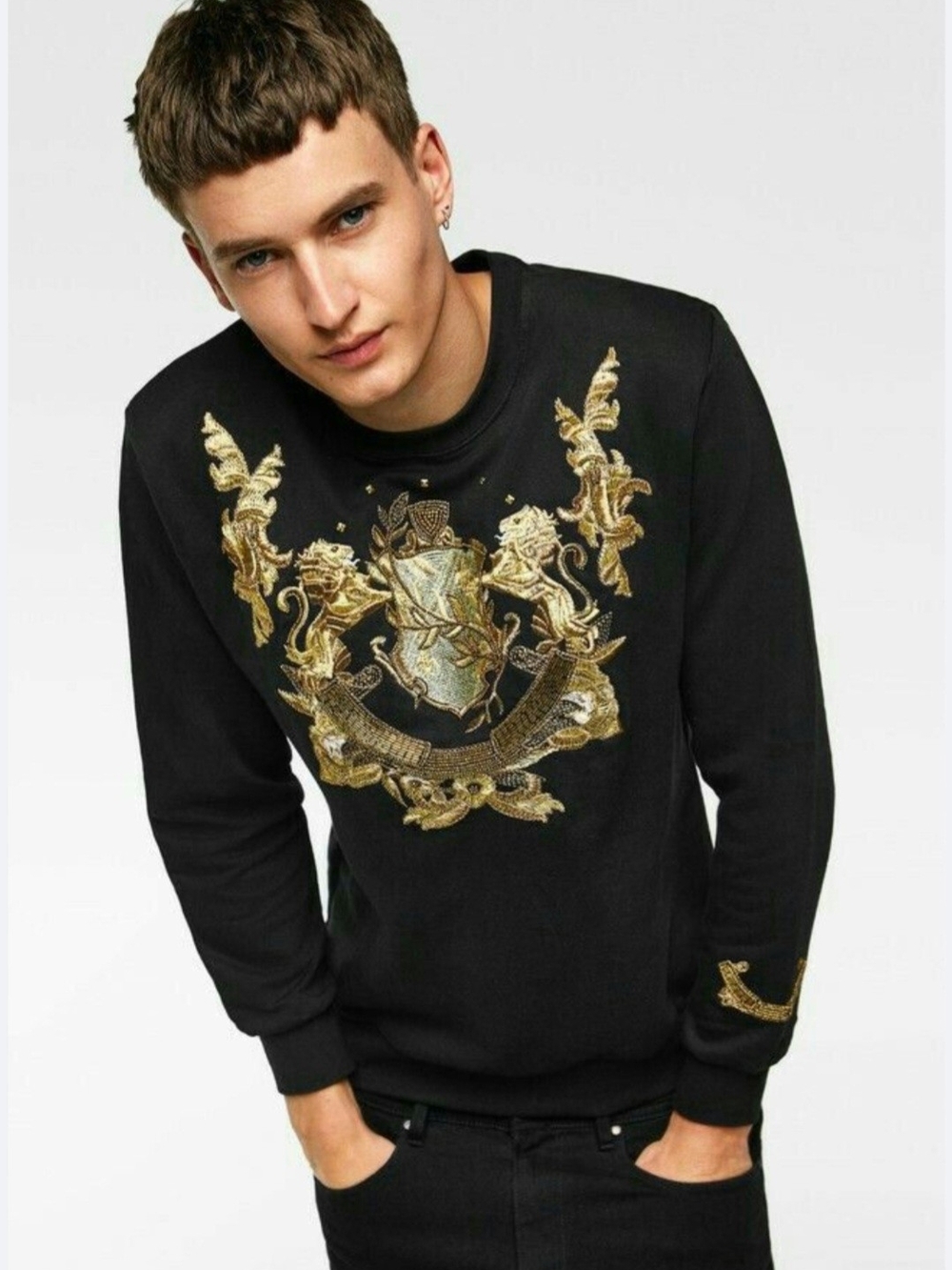 Zara Black Crewneck Sweater with Gold Heraldic Embroidery